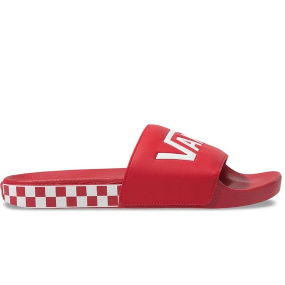 vans checkerboard slides red